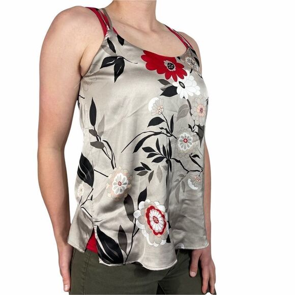 Loft Gray Floral Silk Spaghetti Strap Top - Picture 2 of 6